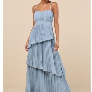 Lulus Jehona Dusty Blue Pleated Tiered Maxi Dress